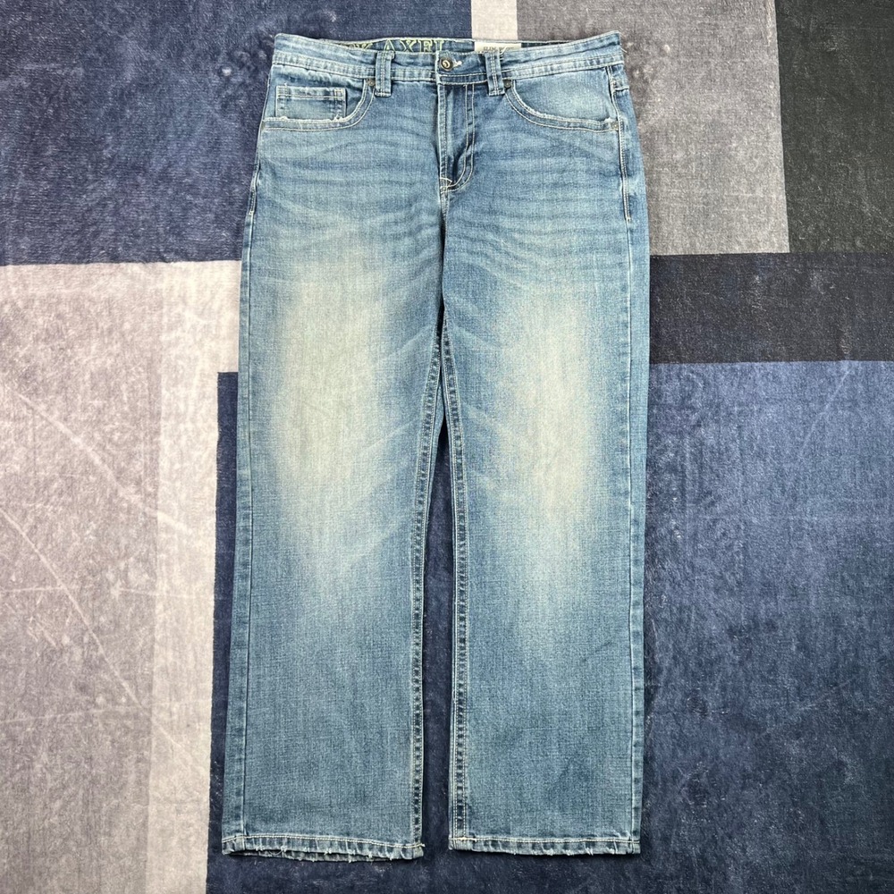 TK Axel Slim Boot Jeans Mens 34x30 Light Wash Blue Denim Whiskering Boho